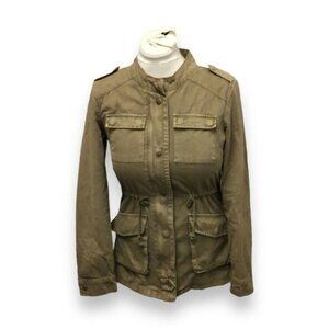 British Khaki Women’s Cotton Jacket VTG Military Pocket Drawstring Waist Olive S